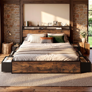 King & Queen Platform Bed Frame with 12 Storage Drawers & Headboard