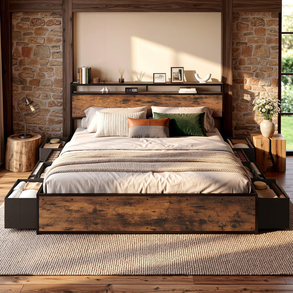 King & Queen Platform Bed Frame with 12 Storage Drawers & Headboard