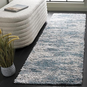 Ivory Blue Abstract Berber Shag Area Rug