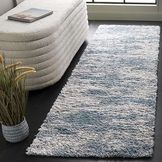 Ivory Blue Abstract Berber Shag Area Rug