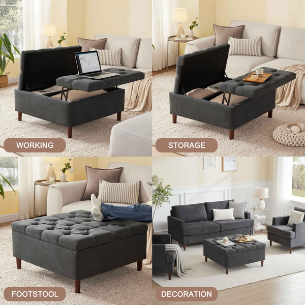 Large Lift-Top Storage Ottoman Coffee Table – Square Tufted Upholstered Ottoman