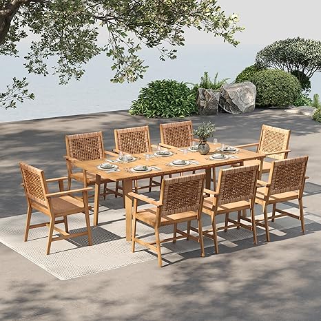 Expandable Acacia Wood Outdoor Dining Set with Cushioned Chairs