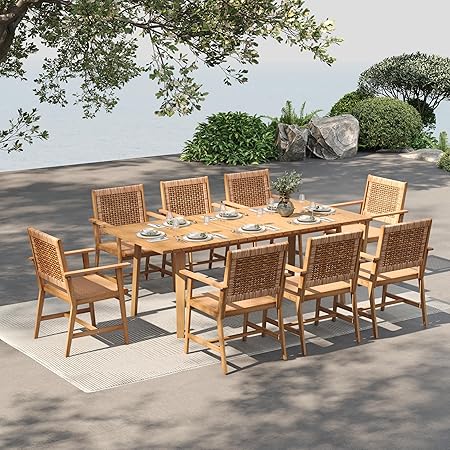 Outdoor Teak Wood Patio Dining Set with Rattan Chairs