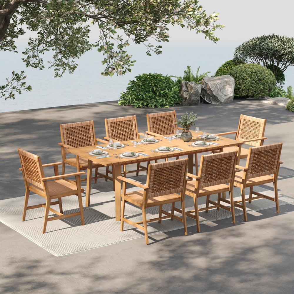 Outdoor Teak Wood Patio Dining Set with Rattan Chairs