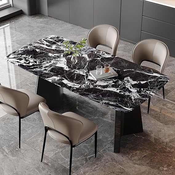 63-Inch Stone Top Dining Table with Dual-Tone Pedestal Legs