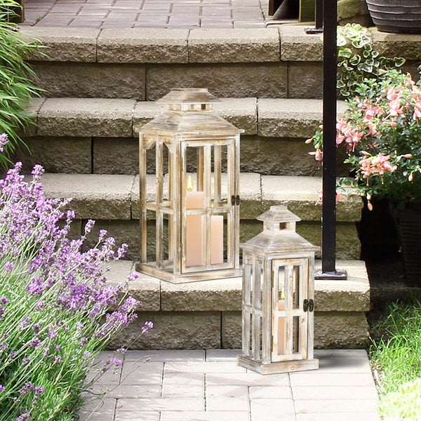 Rustic Wooden Decorative Lanterns Set of 2 – Indoor Outdoor Candle Lanterns