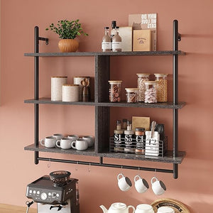 3-Tier Wall Mounted Floating Pipe Shelf with Hooks