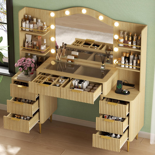 55" Fluted Makeup Vanity Desk with Mirror, LED Lights & Power Outlet