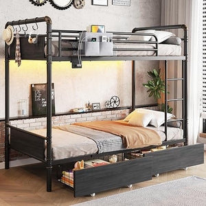 Twin Over Twin Metal Bunk Bed with LED Lights, Storage Drawers & USB Charging
