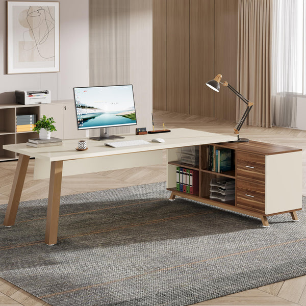 L-Shaped Executive Desk with Cabinet & Storage Shelves