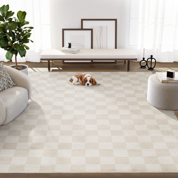 Cream Checkered Area Rug