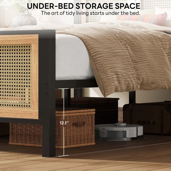 Rattan Headboard Platform Bed Frame
