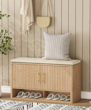 Fluted Shoe Storage Bench with Cushion — Natural Oak
