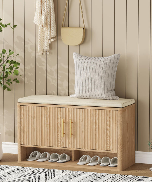 Fluted Shoe Storage Bench with Cushion — Natural Oak