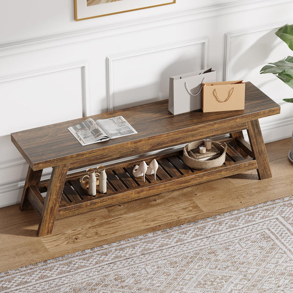 55" Wood Entryway Bench with Shoe Storage & Open Shelves