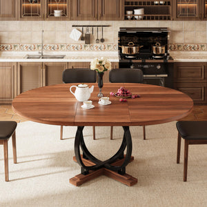 Extendable Round Dining Table for 4-6 | Metal X-Base & MDF Top