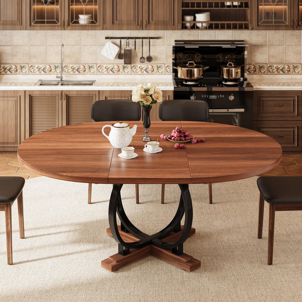 Extendable Round Dining Table for 4-6 | Metal X-Base & MDF Top