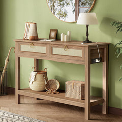 Rattan Console Table with Charging Station & 3 Drawers