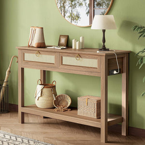 Rattan Console Table with Charging Station & 3 Drawers