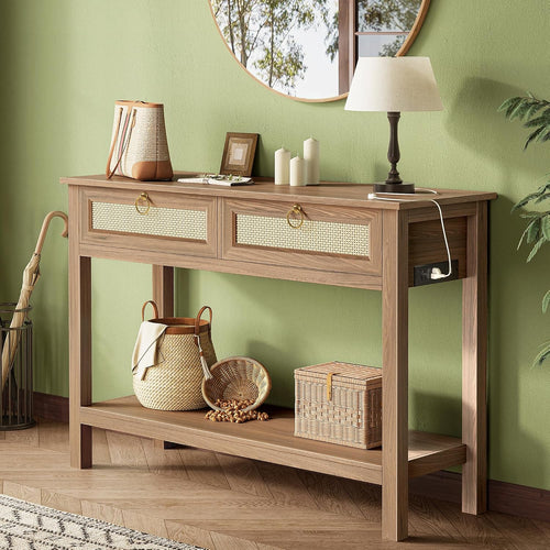 Rattan Console Table with Charging Station & 3 Drawers