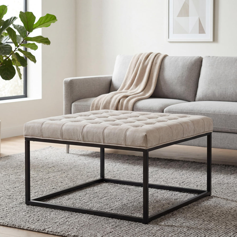 Square Tufted Ottoman with Metal Base
