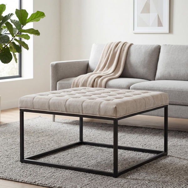 Square Tufted Ottoman with Metal Base