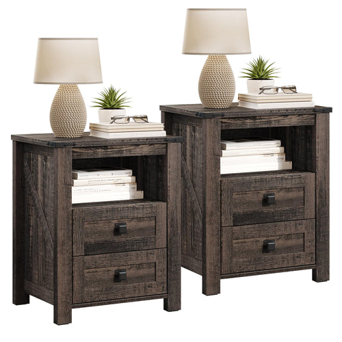 Farmhouse Nightstand Set of 2 with Drawers & Open Shelf