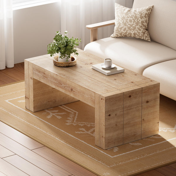Rustic Wood Coffee Table with Thick Legs & Burl Finish