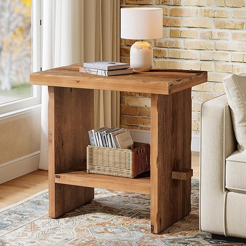 2-Tier Solid Wood End Table with Open Shelves