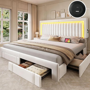 King Size Upholstered Bed Frame with Storage Drawers & RGB LED