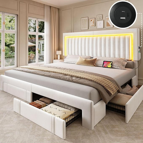 King Size Upholstered Bed Frame with Storage Drawers & RGB LED