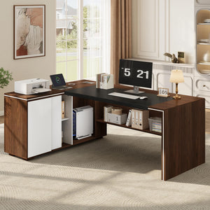 L-Shaped Executive Desk with Cabinet Storage, Bookshelf & CPU Stand