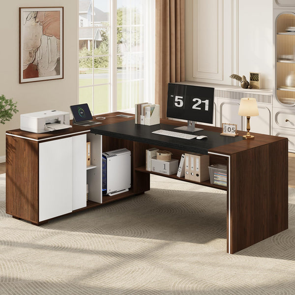 L-Shaped Executive Desk with Cabinet Storage, Bookshelf & CPU Stand