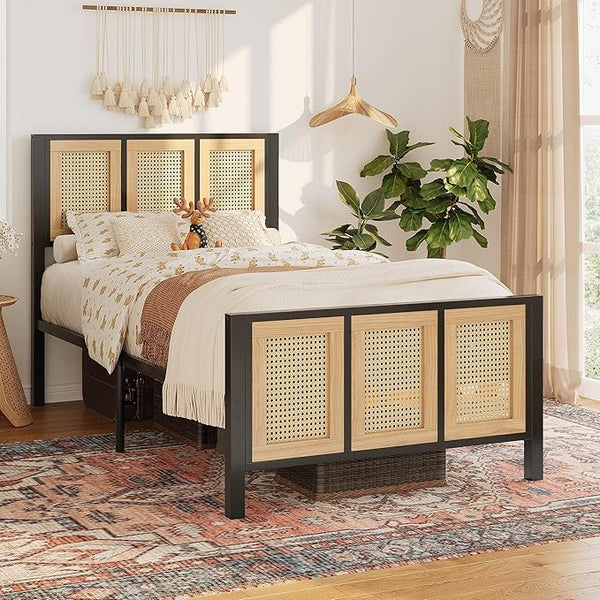 Rattan Headboard Platform Bed Frame
