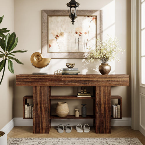 63" Farmhouse Console Table with 3-Tier Storage