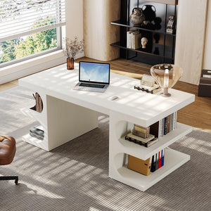 63-Inch White Executive Office Desk with Storage Shelves