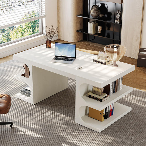 63-Inch White Executive Office Desk with Storage Shelves