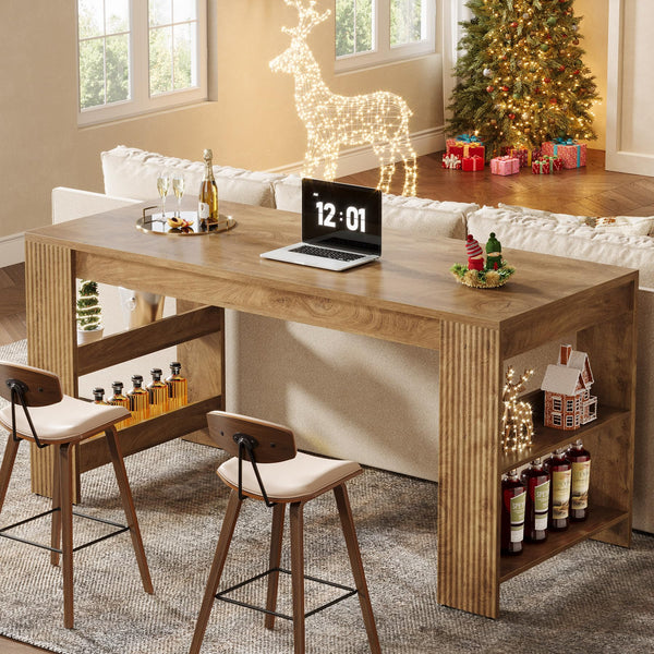 63-Inch Farmhouse Bar Table with Storage Shelves