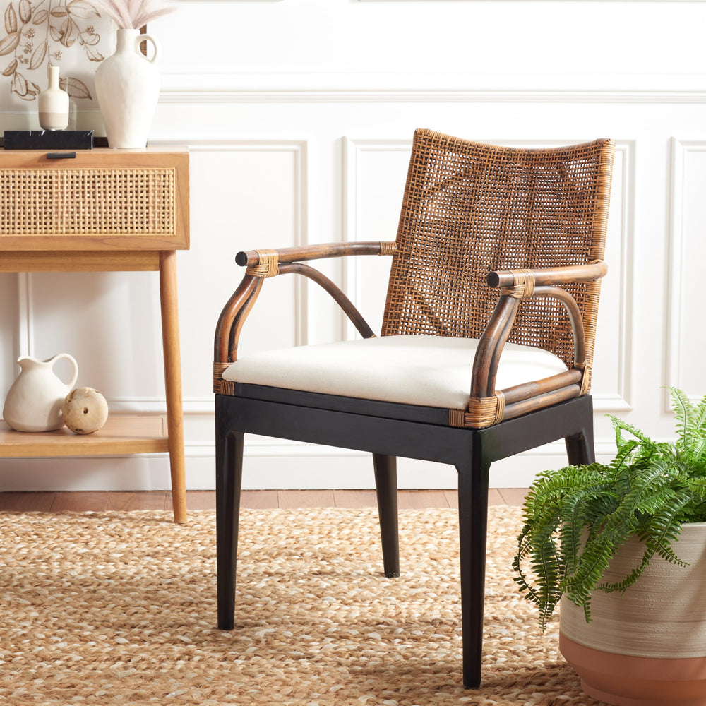 Solid Wood Rattan Arm Chair with Cotton Cushion