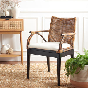 Solid Wood Rattan Arm Chair with Cotton Cushion