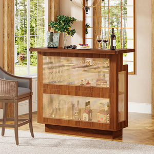Farmhouse Rattan Bar Cabinet with Stemware Racks