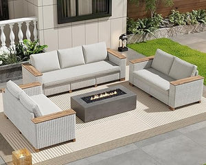 Outdoor Wicker Patio Sectional Sofa Set with Wood Armrests