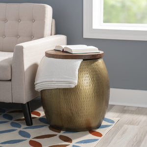 Hammered Metal Storage Drum Side Table with Wood Top