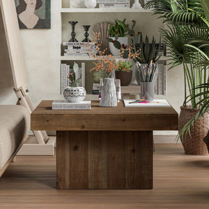 Farmhouse Square Wood Block Coffee Table with Distressed Finish