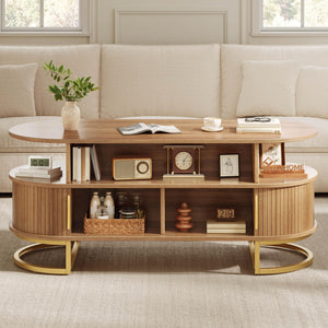 Oval Fluted Coffee Table with Sliding Door Storage & Gold Handles