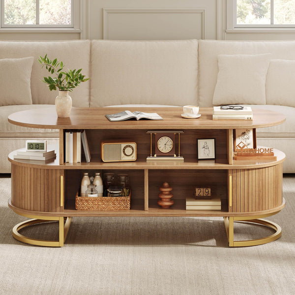 Oval Fluted Coffee Table with Sliding Door Storage & Gold Handles