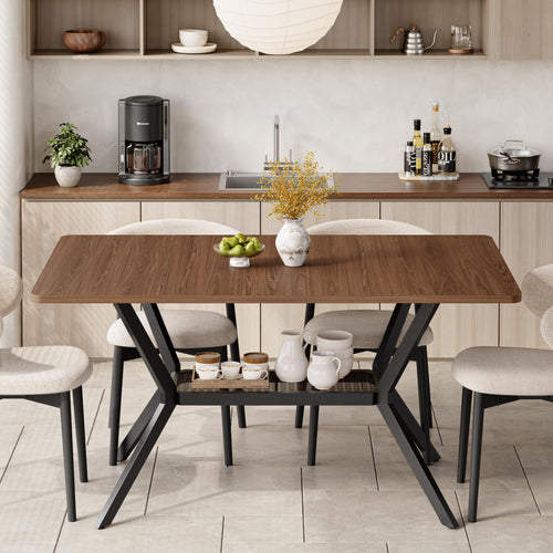 55-Inch Rectangular Dining Table with Storage Shelf and Metal Legs