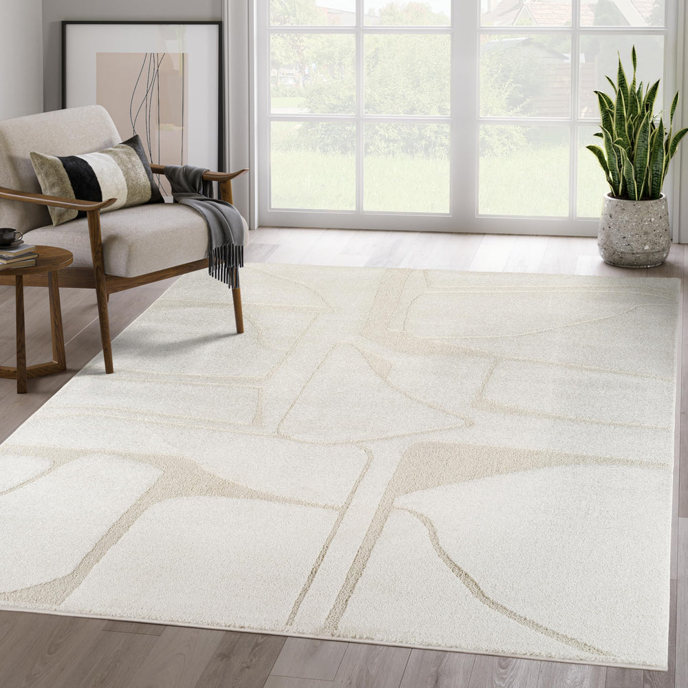 Cream Geometric Area Rug – Power-Loomed Polypropylene