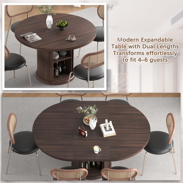 Extendable Round Dining Table with 2-Tier Storage Shelf – Seats 4–6, Black Walnut