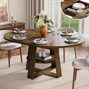 43–59" Fluted Extendable Round to Oval Dining Table with Storage, Seats 4–8